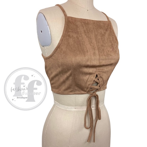 Boho 1960s 1970s Style Faux Tan Brown Suede Leather Festival Halter Tie Crop Top - Picture 2 of 9